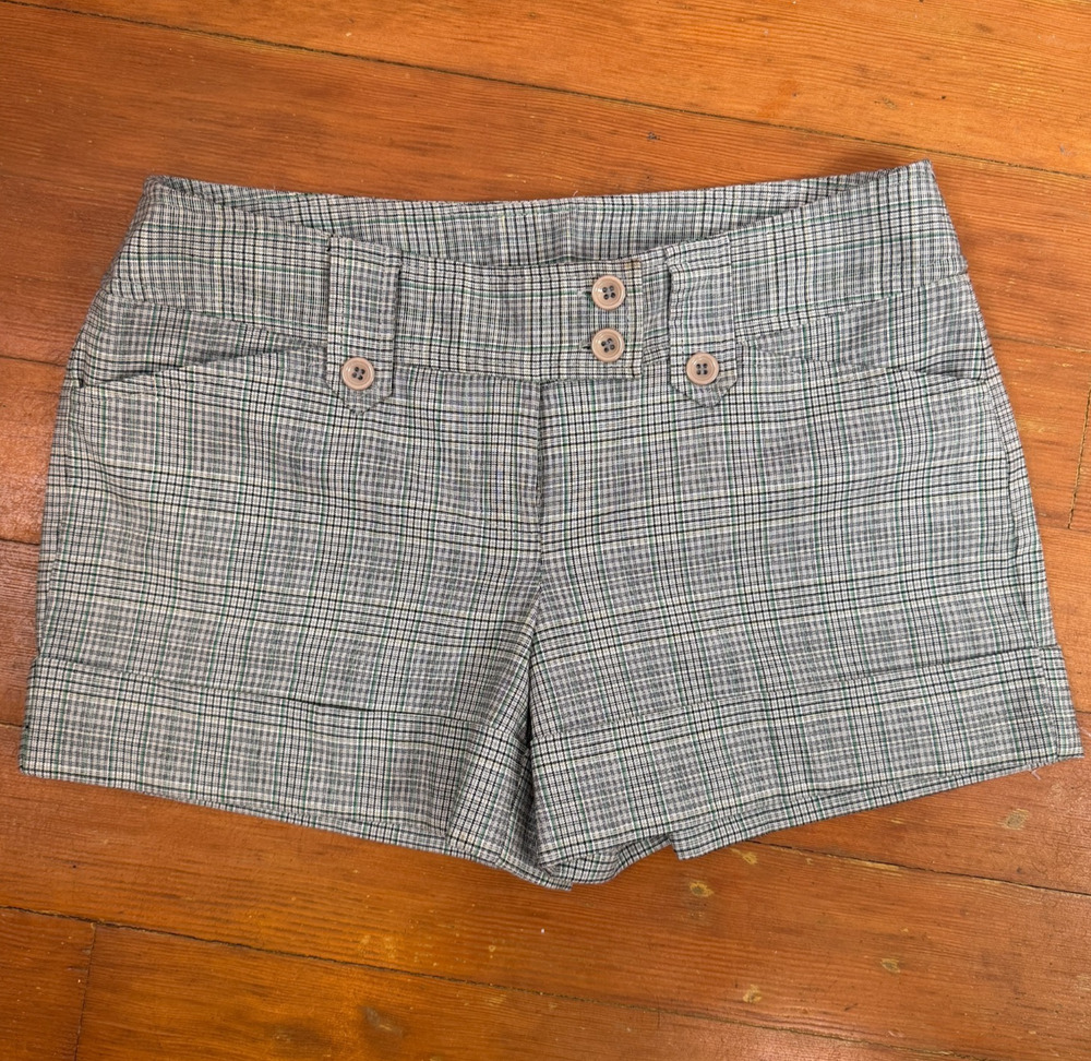 Vintage 90s Grey Green Micro Plaid Low Rise Button Tab Cuffed Shorts 5